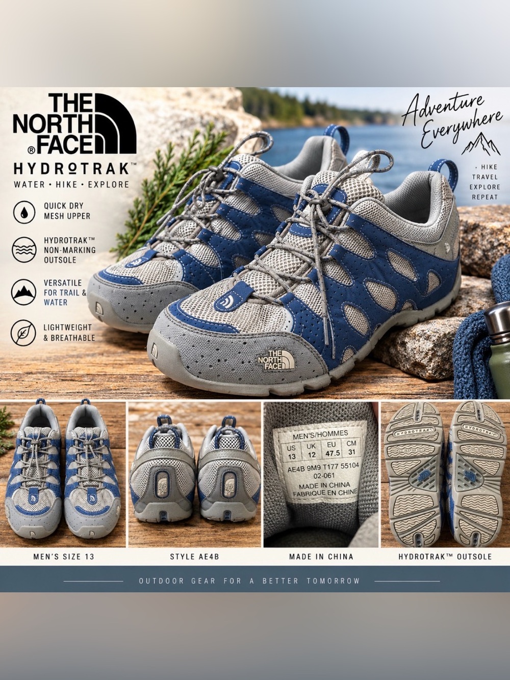 The North Face HydroTrak Men’s 13 Water Shoes Blue Gray Hiking Trail Outdoor